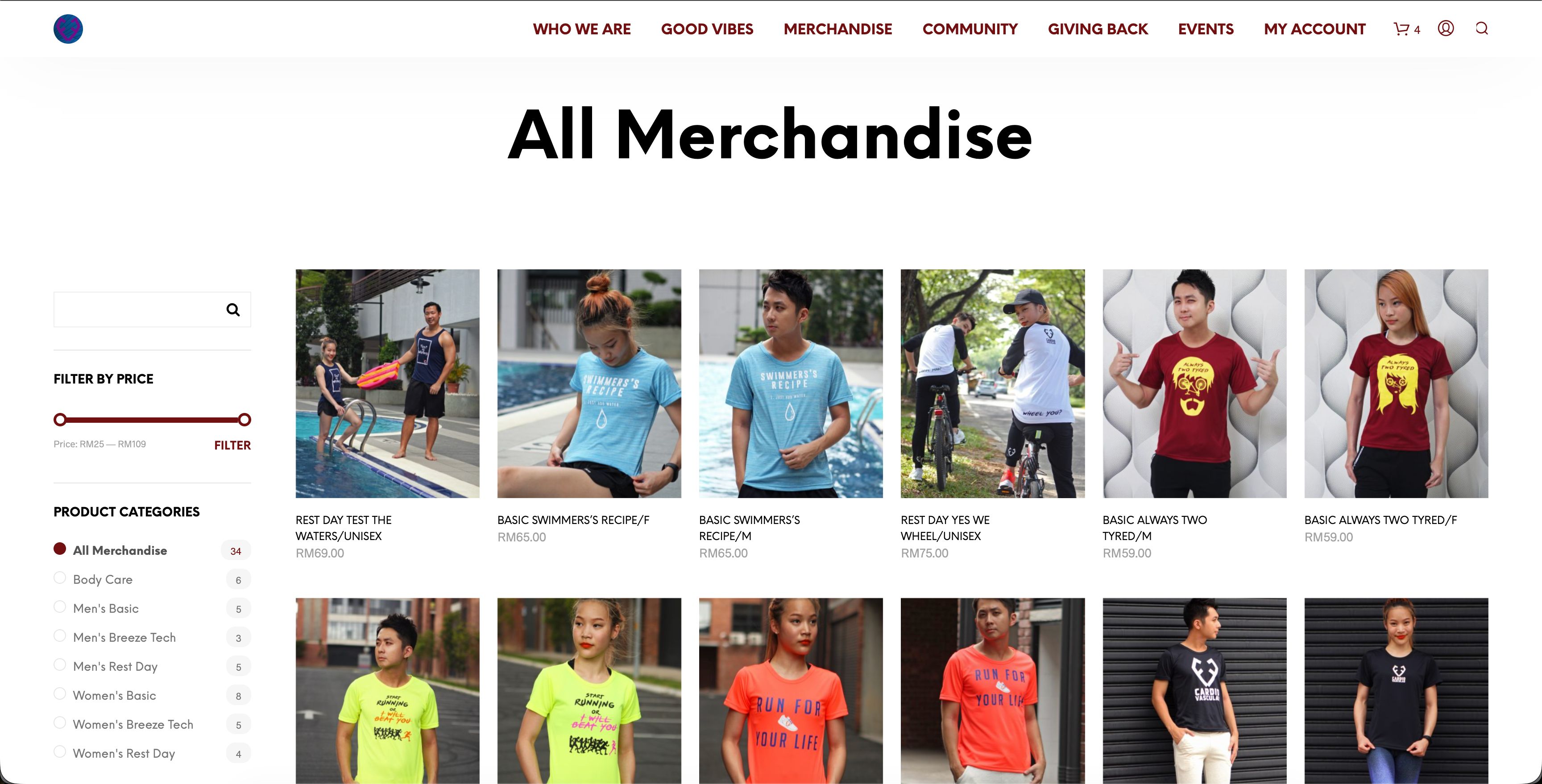 Merchandise catalogue page with product grid and filter sidebar