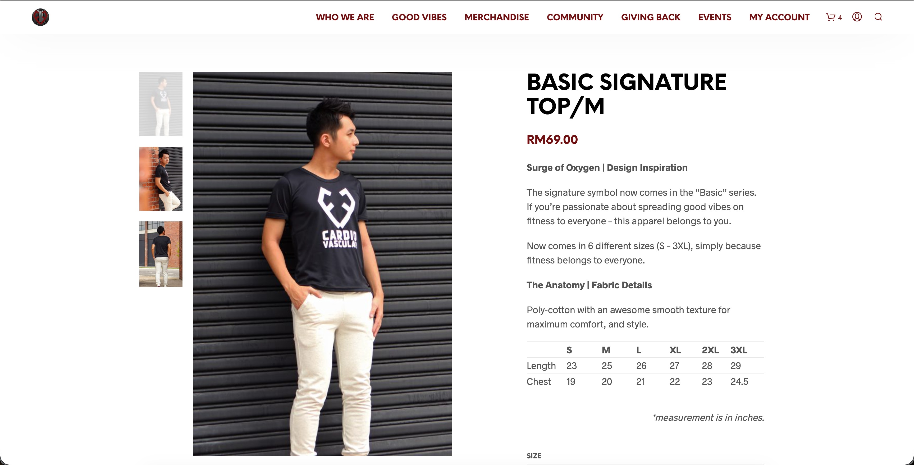 Product detail page with image gallery, description, and size chart