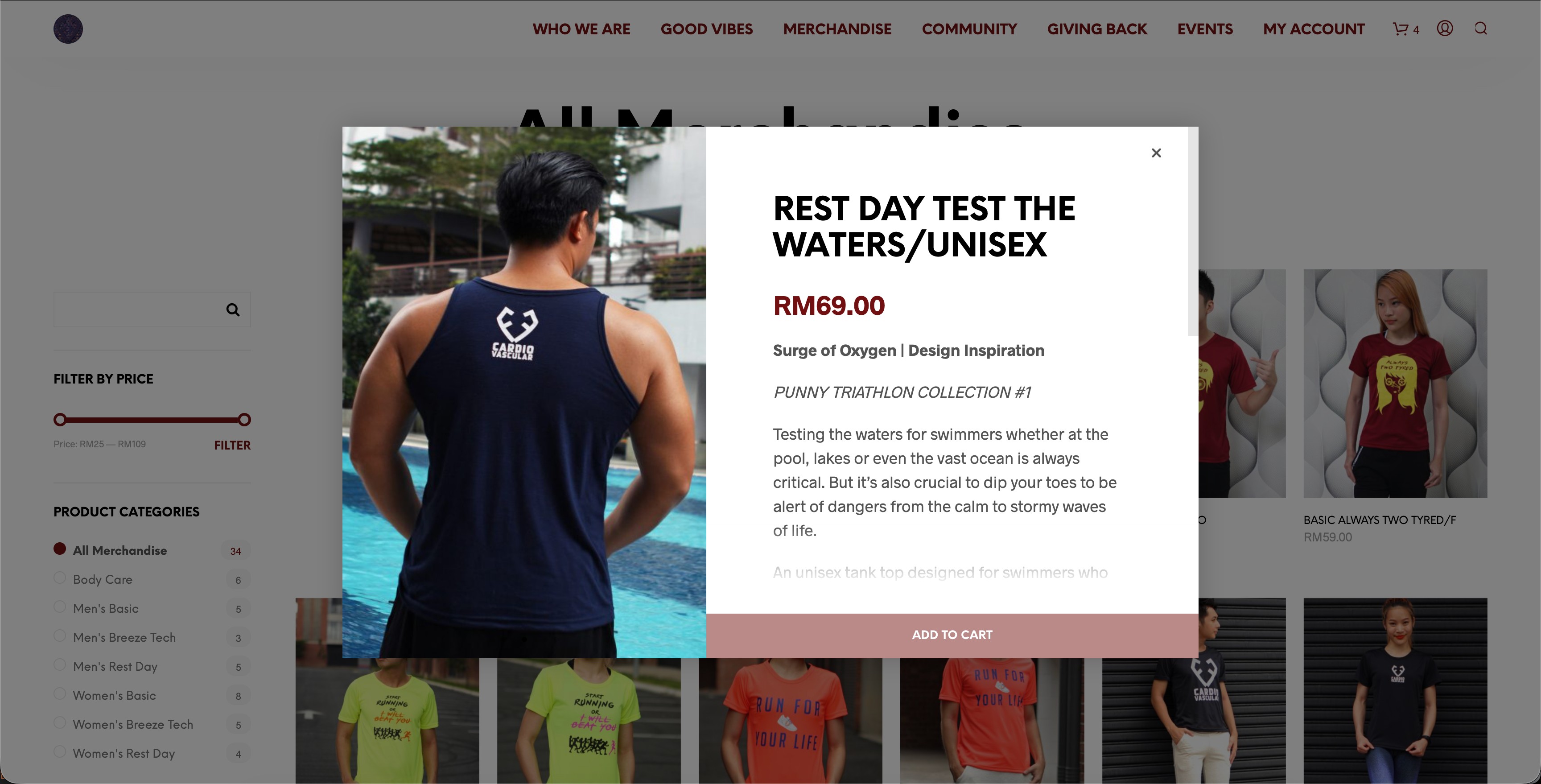 Quick-view product modal overlay showing a tank top with price and Add to Cart button