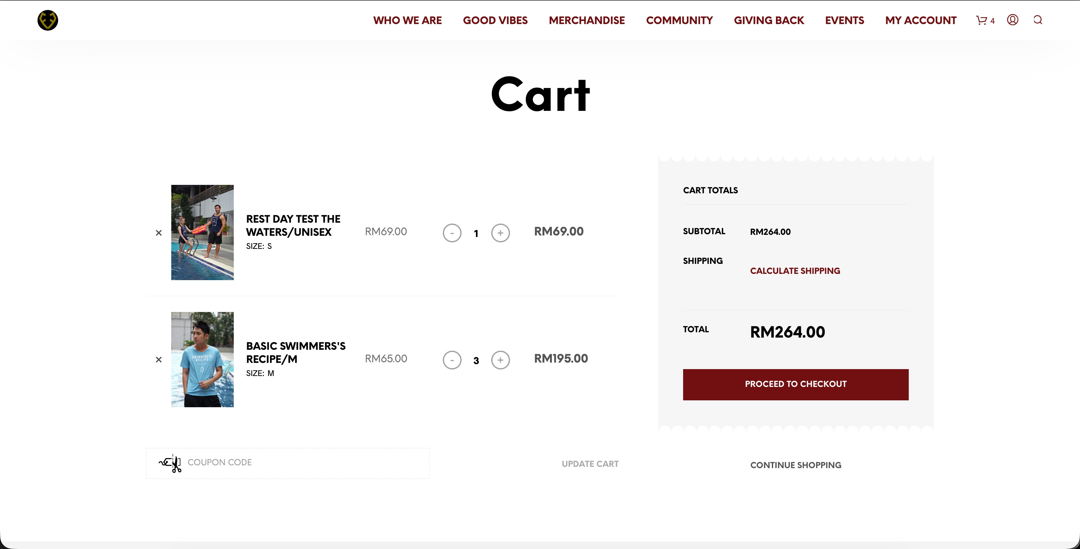 Shopping cart page with quantity controls, coupon field, and shipping calculator