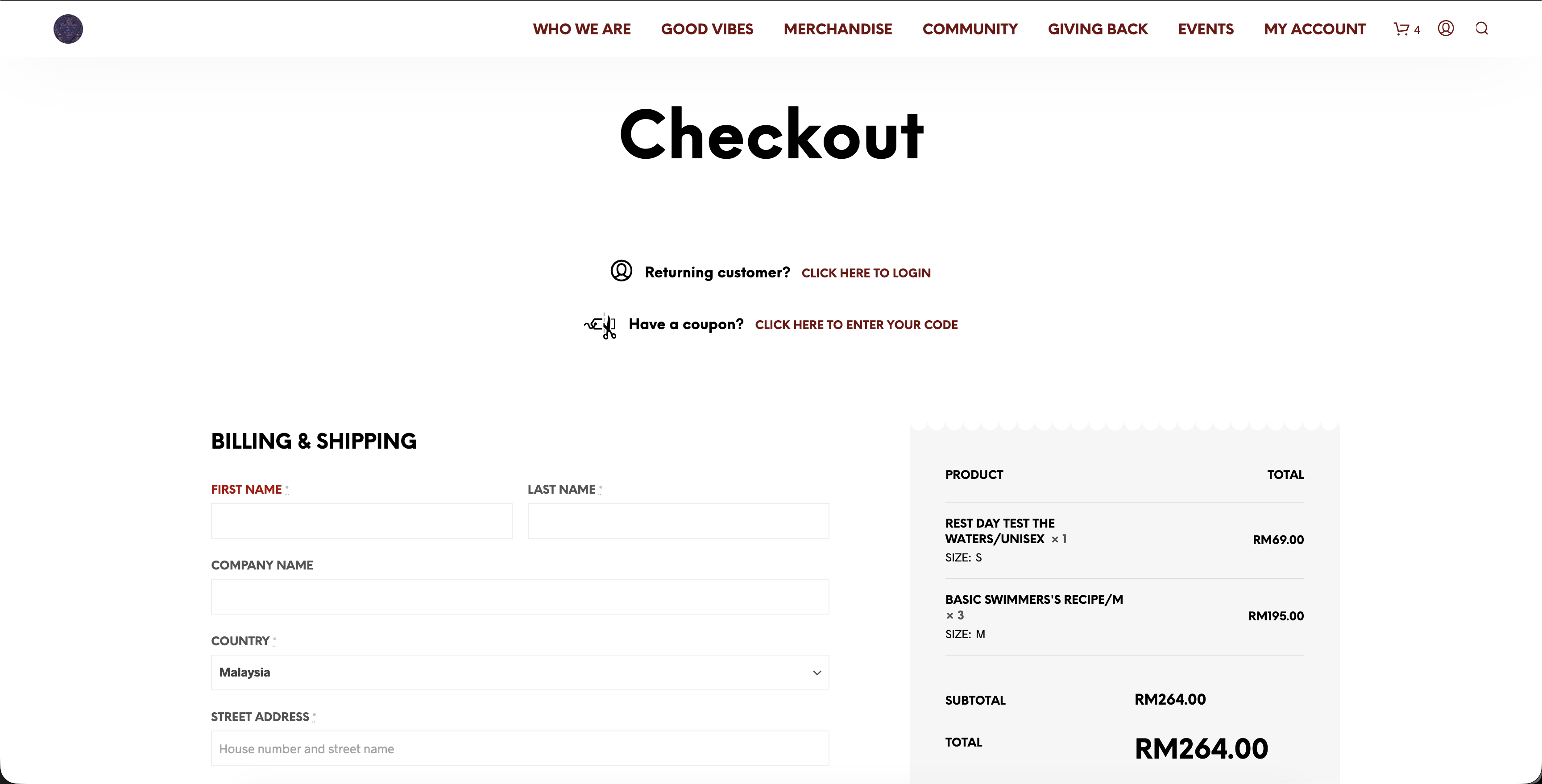 Checkout page with billing and shipping form and order summary